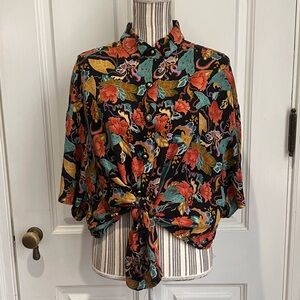 Floral Button-Up Women Top Rafael XL tie front  women’s vintage retro T298